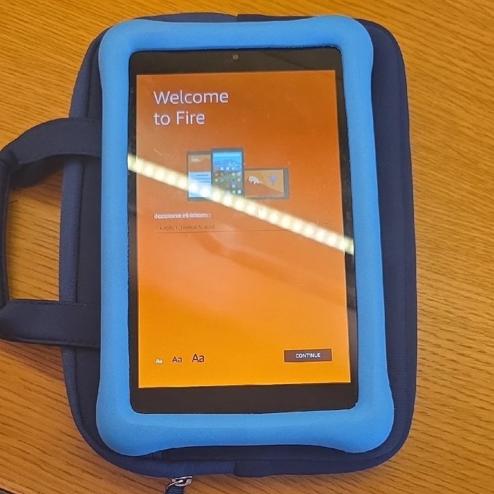 Amazon Fire Tablet with Light Blue Hard Case and Dark Blue Soft Case